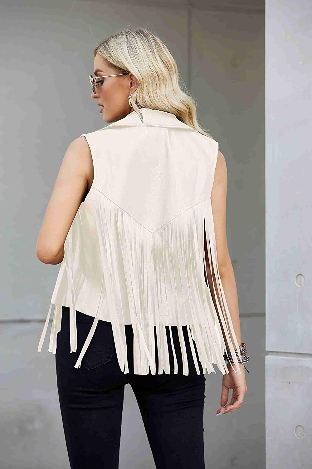 Women Faux Leather Vest Lapel Sleeveless Drape Tassel Open Front PU Fringe Jacket S-XXL - Zeagoo (Us Only)