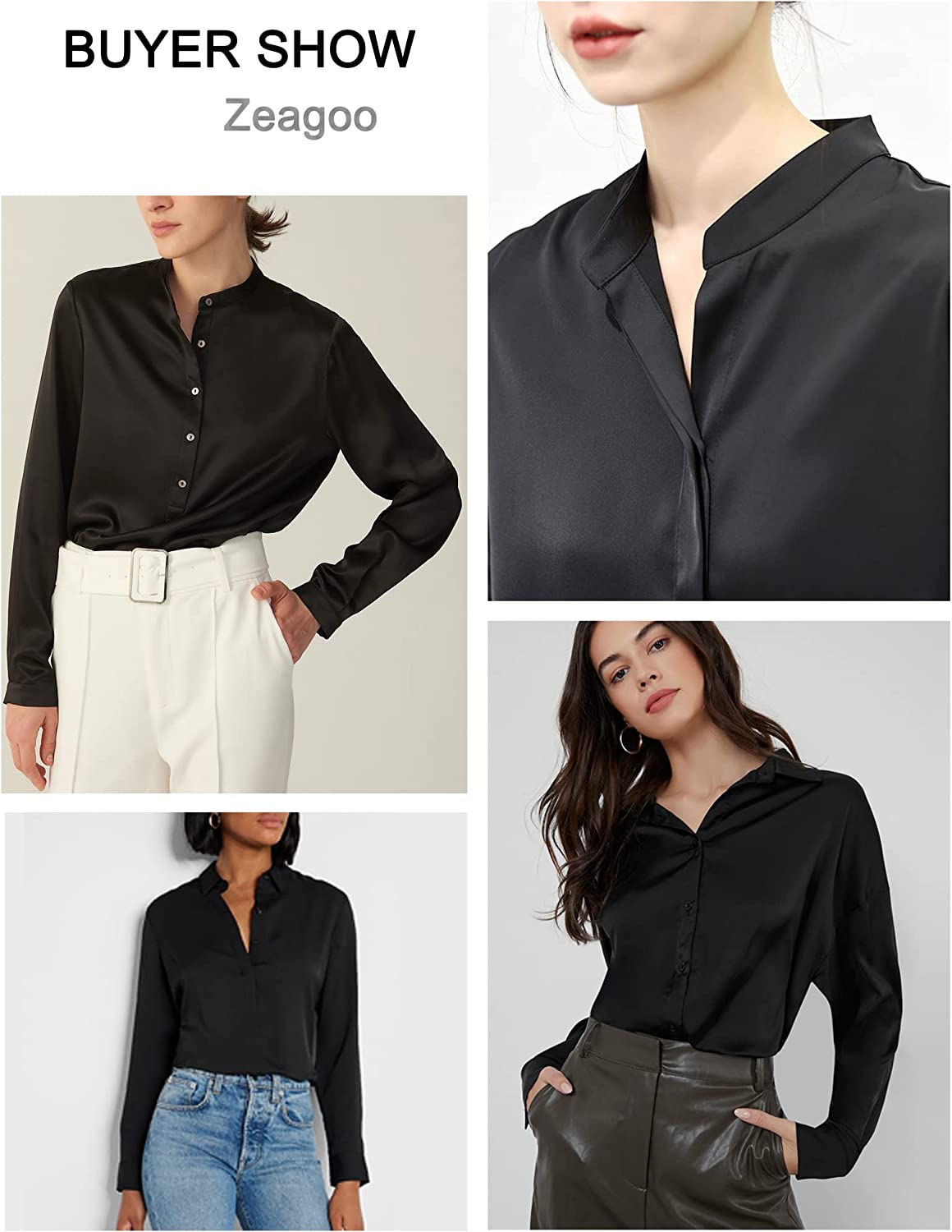 Women's Silk Button Down Shirts V Neck Long Sleeve Casual Work Office Blouse Top - Zeagoo (Us Only)