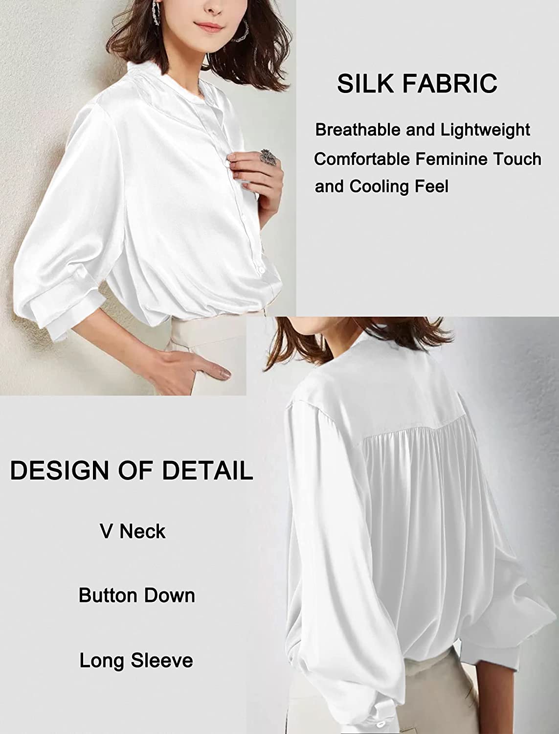 Women's Silk Button Down Shirts V Neck Long Sleeve Casual Work Office Blouse Top - Zeagoo (Us Only)