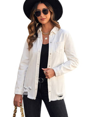 Button Denim Jacket Distressed Ripped Long Sleeve Cute Jean Coat