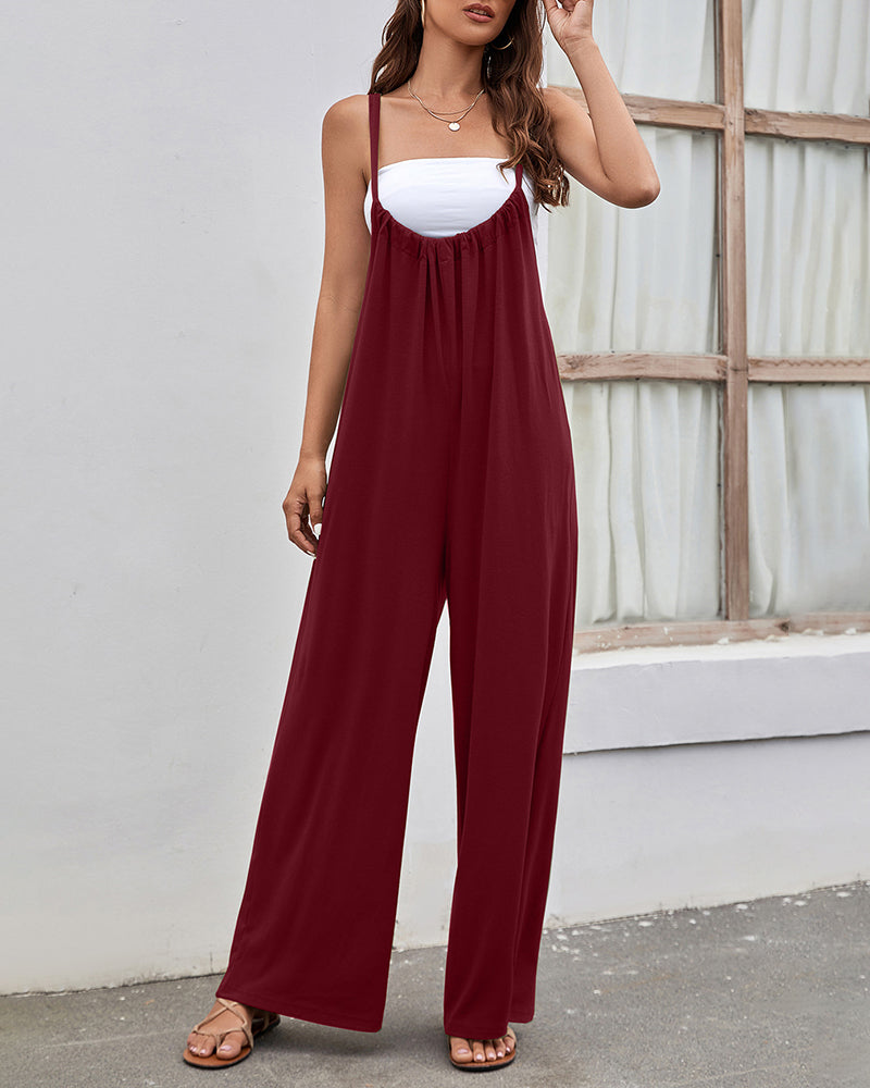 Flowy Wide Leg Jumpsuit Spaghetti Strap High Rise Bodysuit Solid Loose Romper