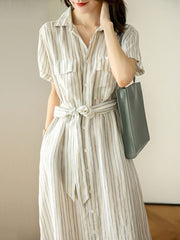 Short Sleeve Vertical Stripe Waist Shirt Dress with Belt