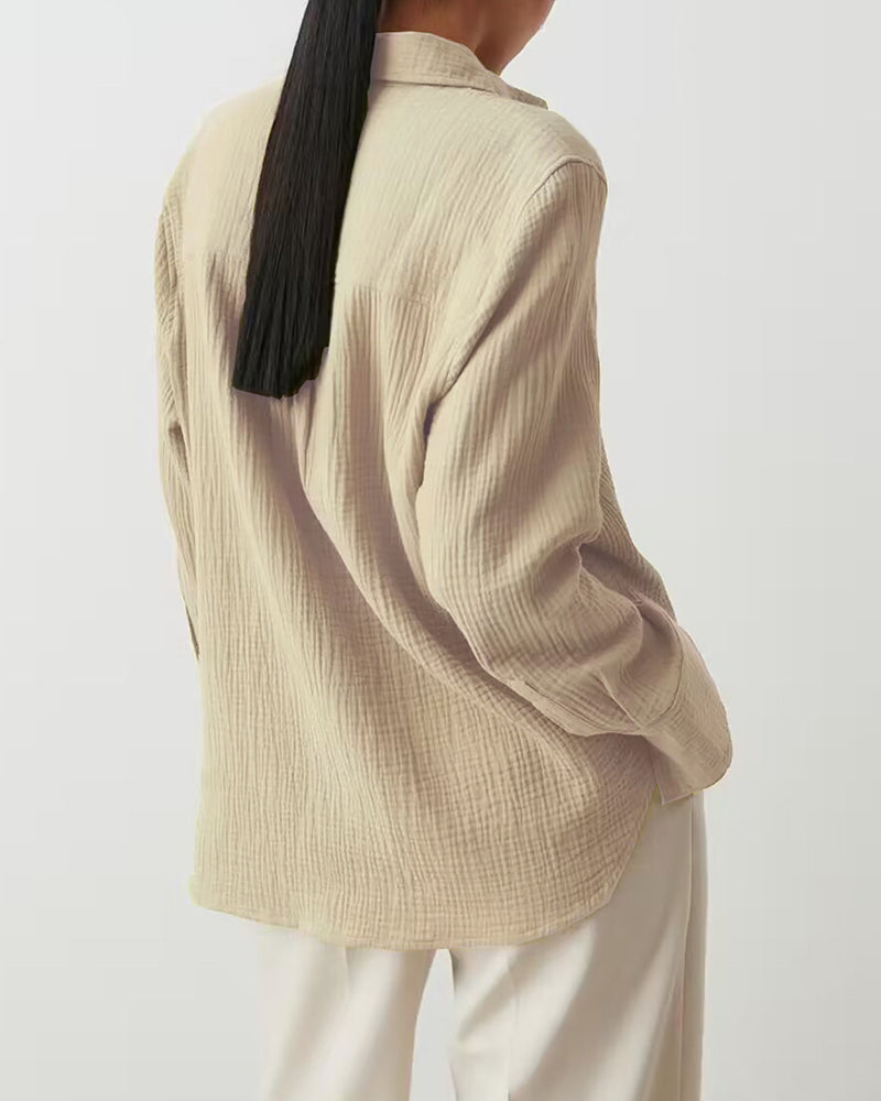 Solid Color Long Sleeve Cotton Crepe Shirt