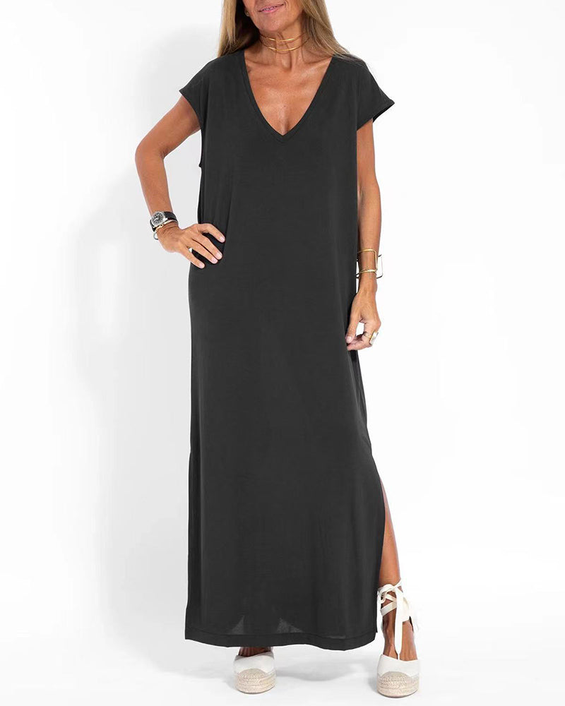 Casual V-neck Short Sleeve Loose Fit Slit Dress