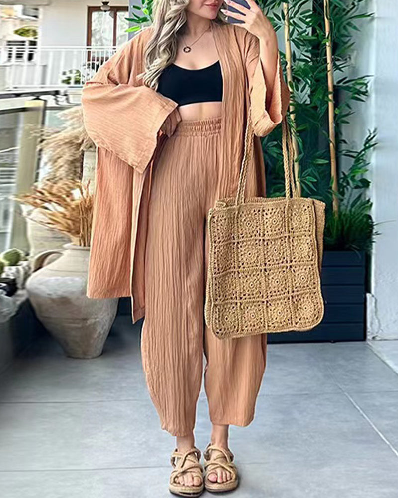 Casual Comfort Set Loose Cardigan Top & High-Waist Wide-Leg Pants with Pockets