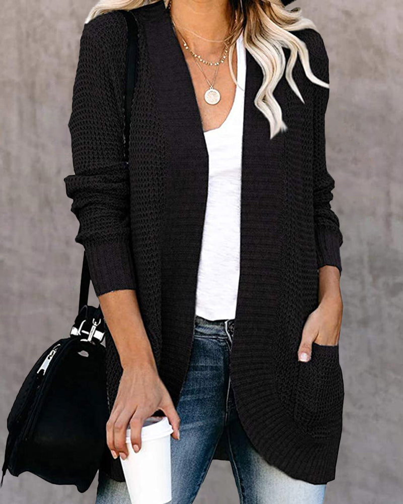 Long Sleeve Open Front Cardigans Curved Fly Pocket Sweater Outwear