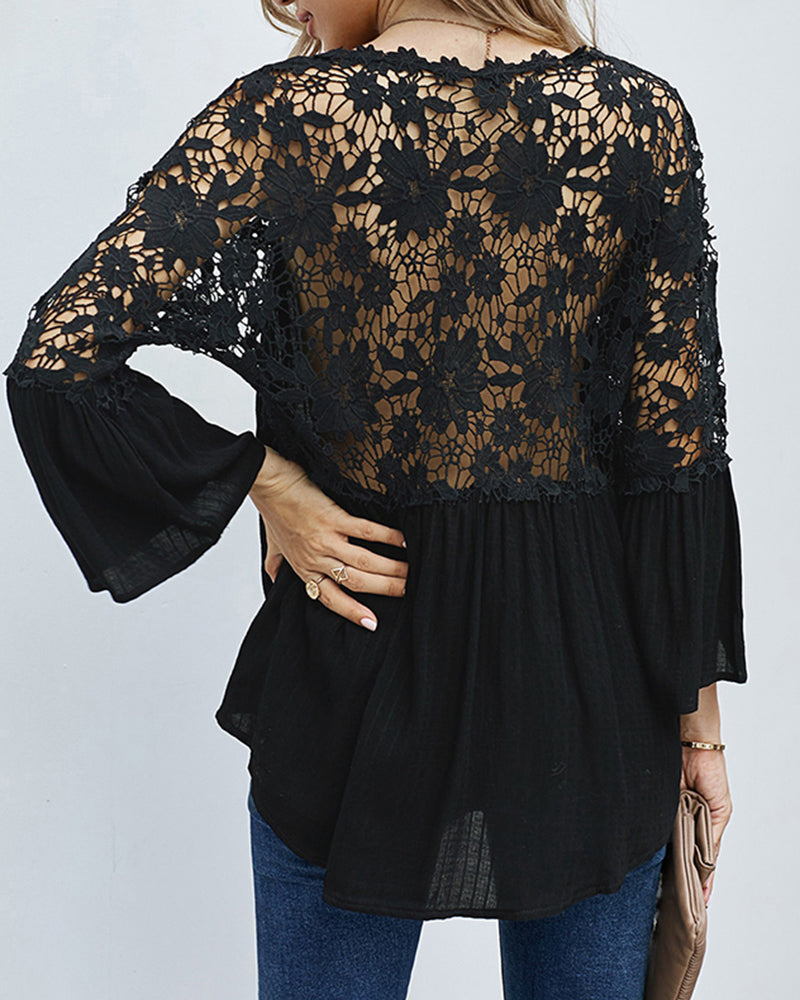 Lace Boho Blouses Crochet Flowy Bell Sleeve Button Down Casual T Shirts