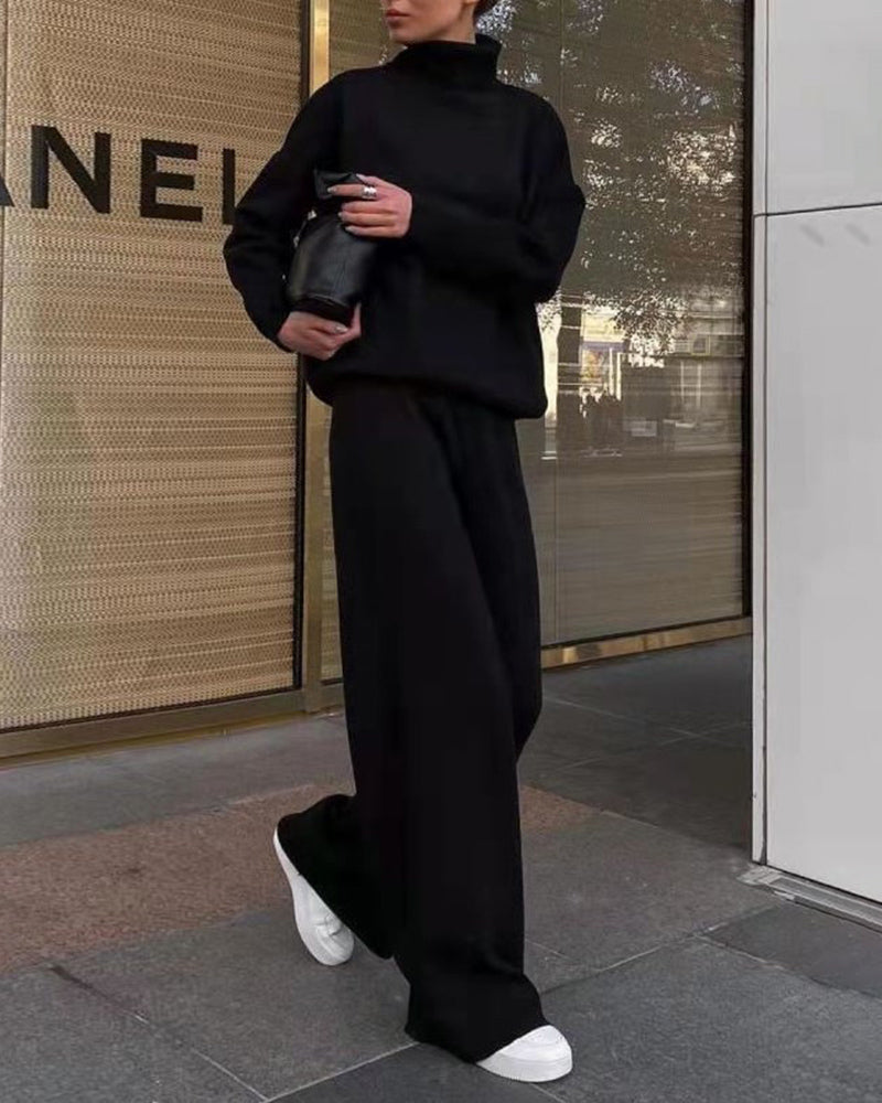Casual Two Piece Long Sleeve Turtleneck Sweatshirt Top High Waist Wide Leg Pants Set