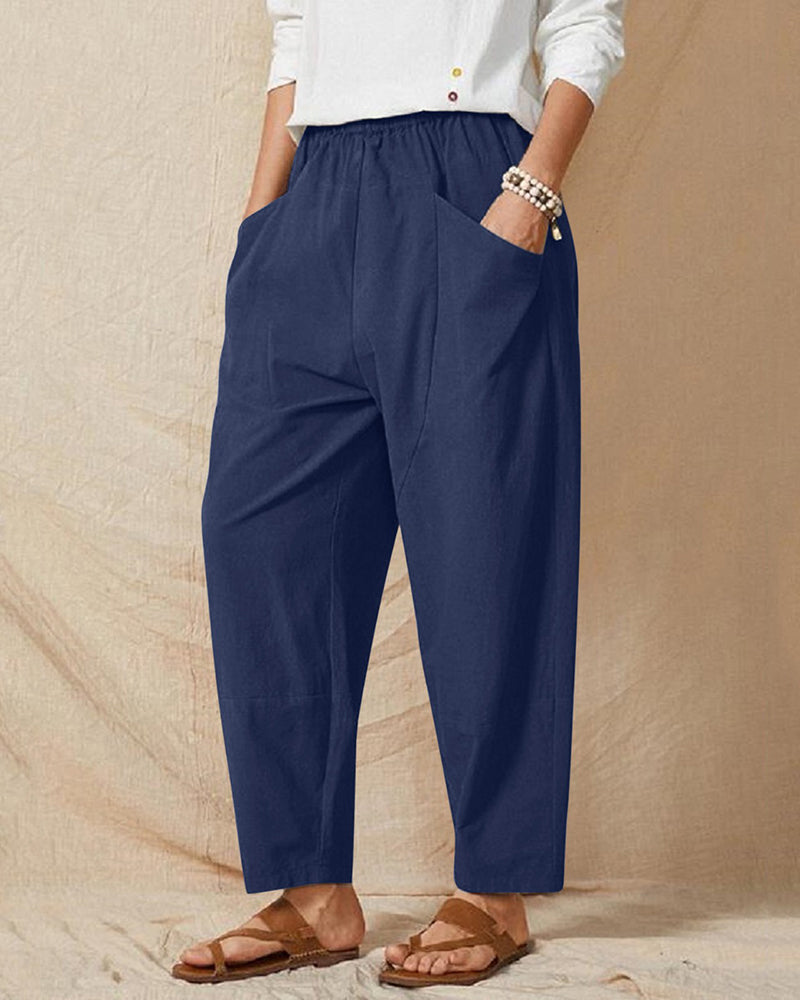 Solid Color Elastic Waist Cropped Wide Leg Pants Loose Trousers