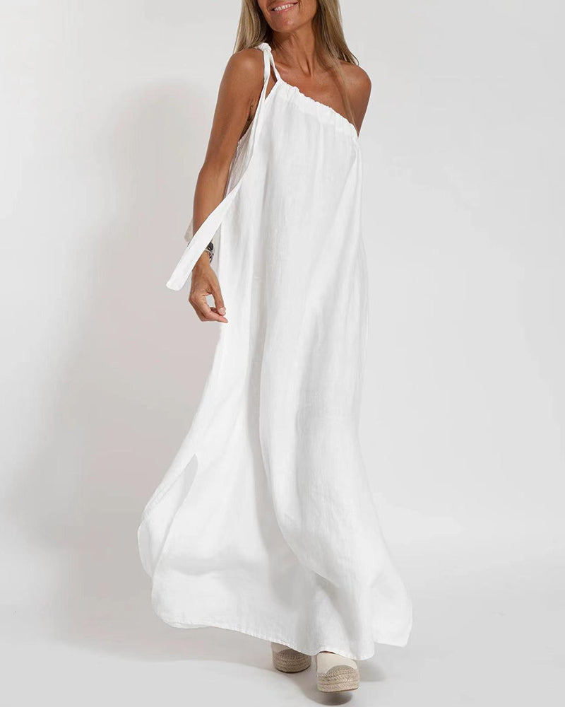 Sleeveless Asymmetrical Off-Shoulder Slit Dress