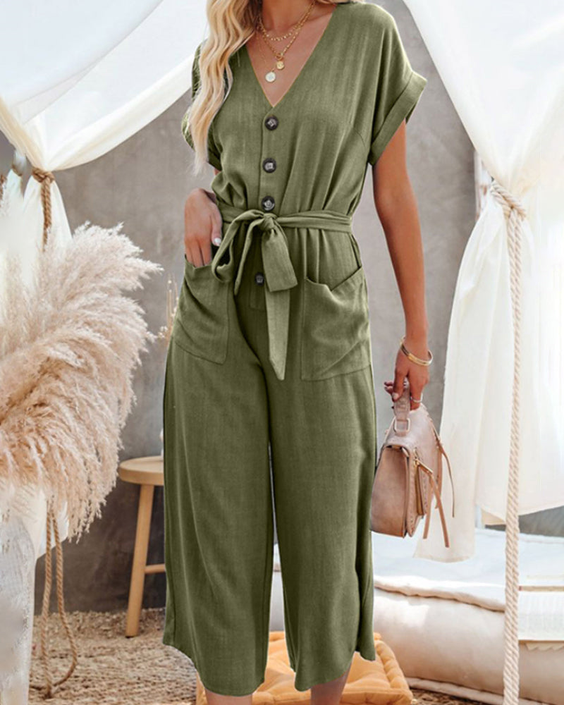 Casual Playsuits Wide Leg Short Sleeves V Neck Buttoned Baggy Belt Jumpsuits Elegant Long Romper with Pockets