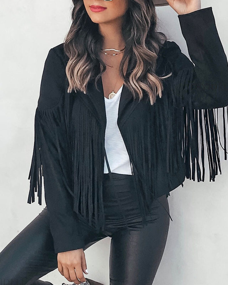 Slim Lapel Tassel Coats Soild Short Jackets Fringe Long Sleeve Party Cardigan