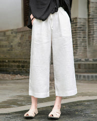 Tether Linen Casual Cropped Pants Women's Cotton Linen Wide Leg Pants