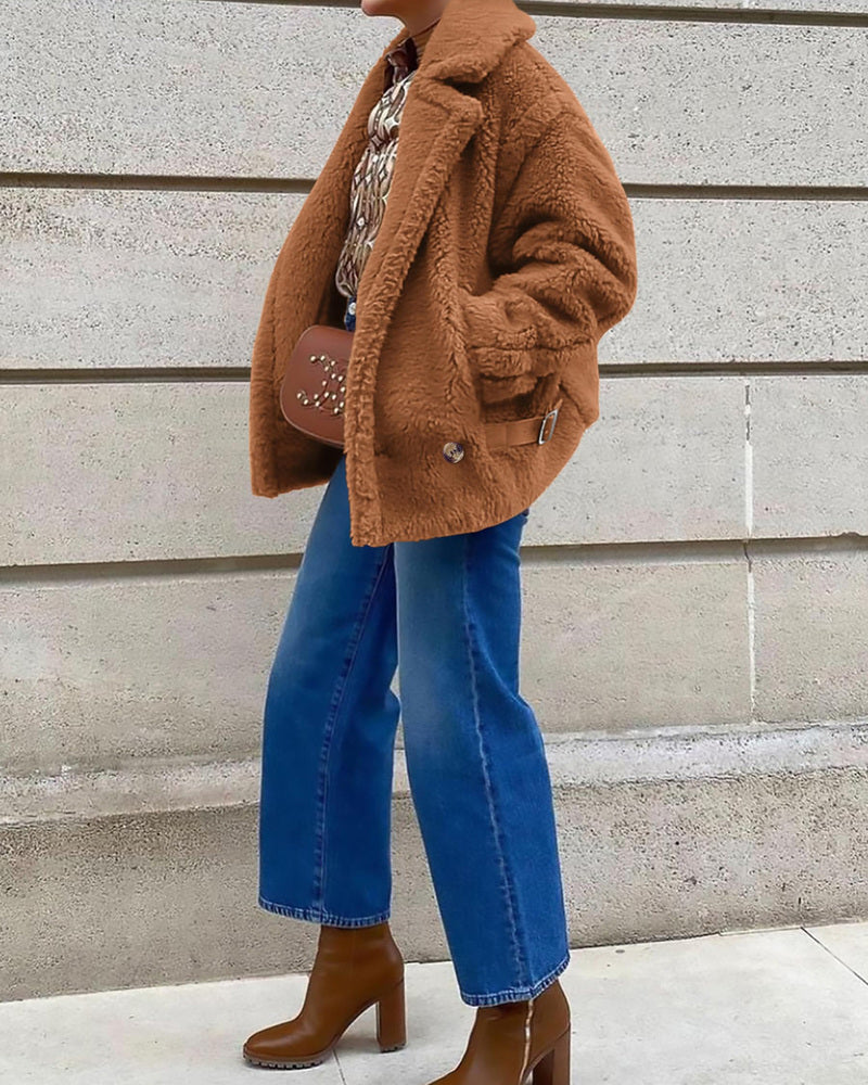 Lapel Fleece Jacket Long Sleeve Pockets Faux Fur Dressy Fall Outfits