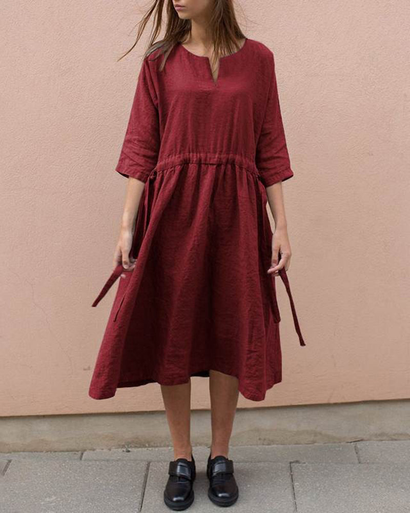 Cotton And Linen V-Neck Lace up Pocket 3/4 Length Sleeve Summer Dresses