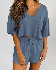 Two-piece Set Short Sleeve V-neck Top and Shorts Lounge Suits