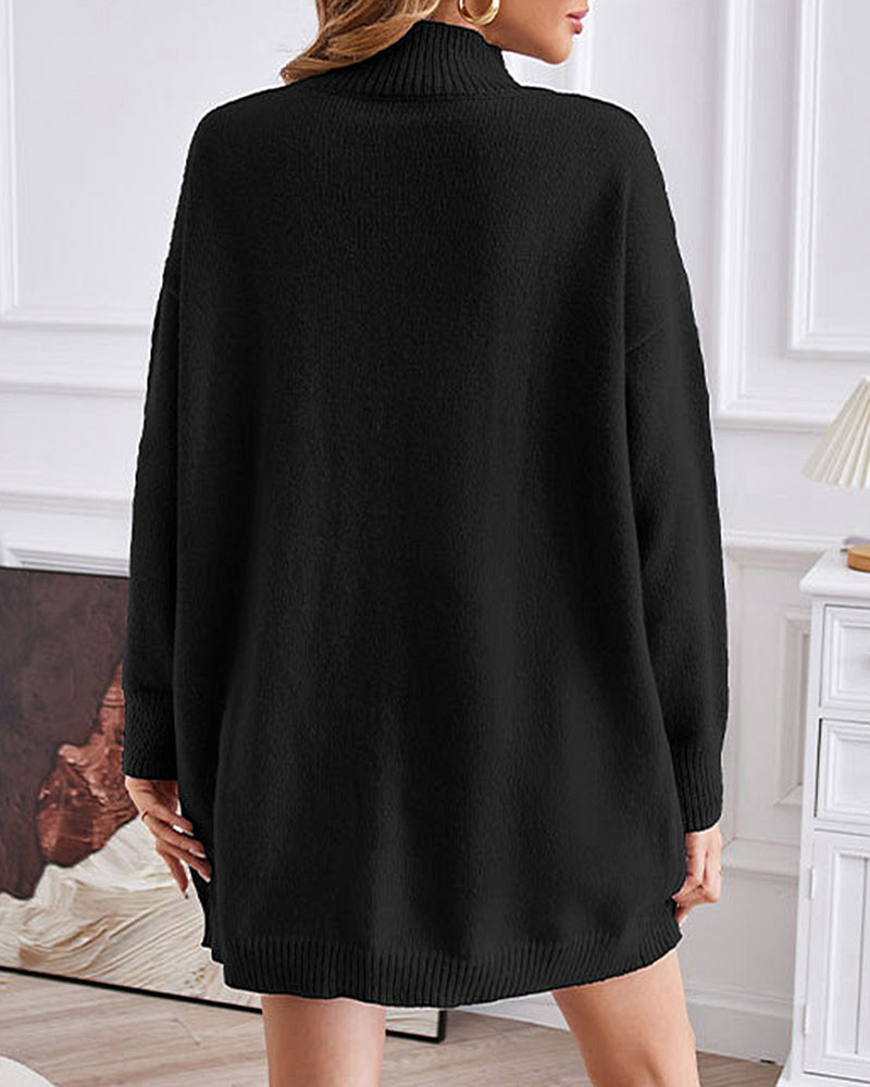 Turtleneck Slit-front Mid-Length Sweater