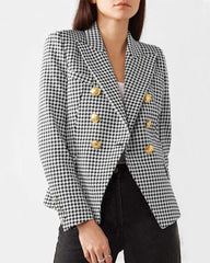 Houndstooth Double Breasted Button Down Notch Collar Blazer Jacket with Pockets