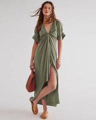 V Neck Short Sleeve Button Down Blouse Dress Tie Casual Long Maxi Dresses