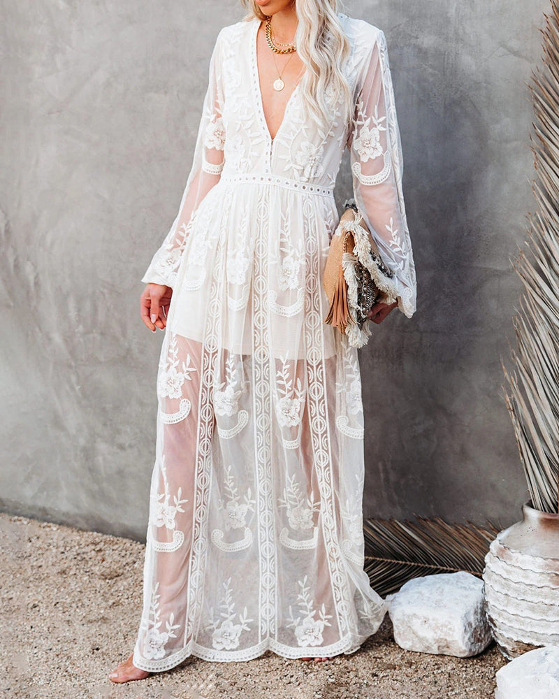 Floral Embroidery Lace Long Dress Deep V Neck Long Sleeve See Through Slit Elegant Holiday Dress