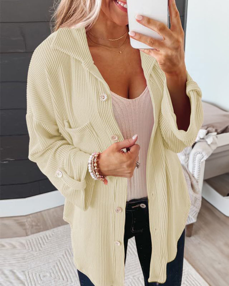 Striped Single-breasted Mid-length Corduroy Shirt Jacket