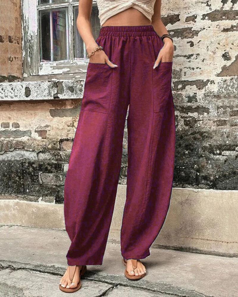 Solid Color Bottoms Elastic Waisted Pant Summer Baggy Trousers Straight Leg Pants