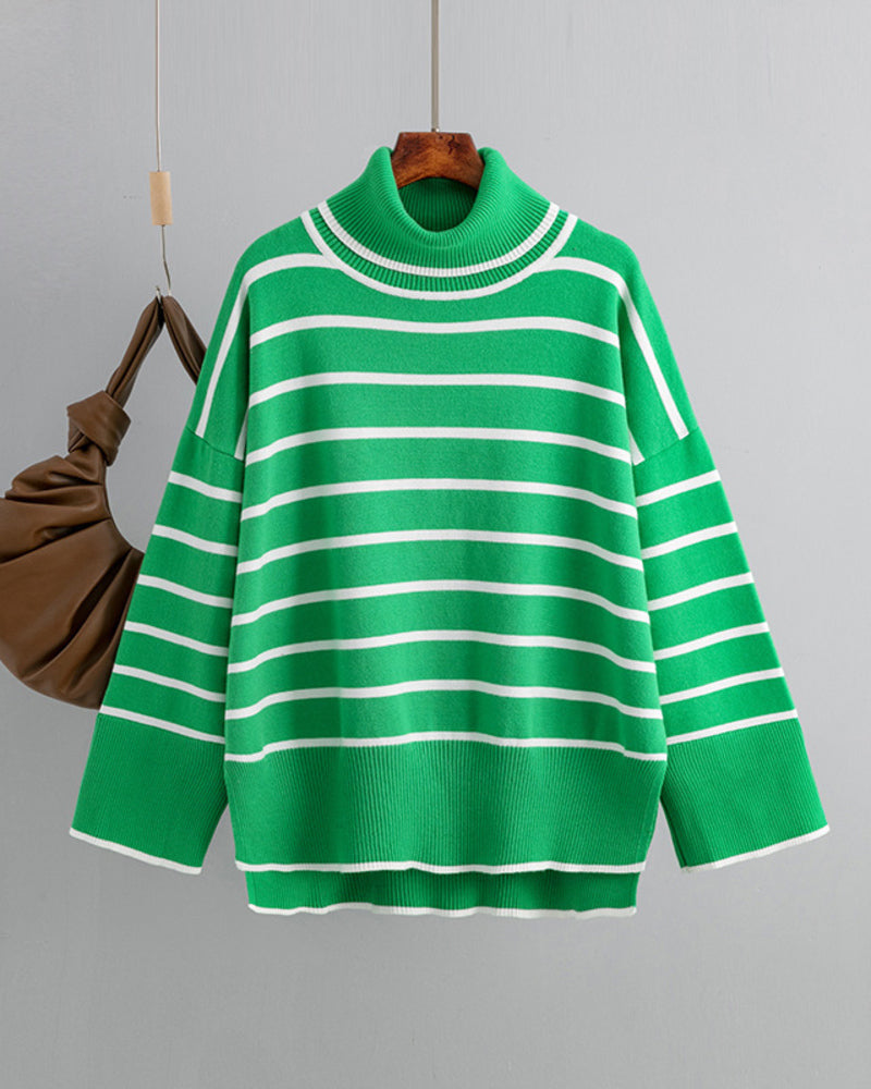 Striped Sweater Casual Turtleneck Knit Pullover Jumper Tops