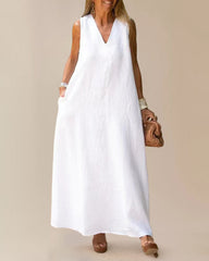 V Neck Pocket Loose Long Boho Dress Summer Sleeveless Tank Beach Dress