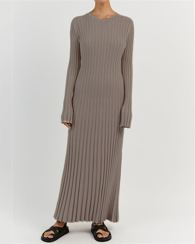 Long Sleeve Dress Crew-Neck Knit Maxi Dress Ribbed Elegant Long High Waist Pleated Dresses