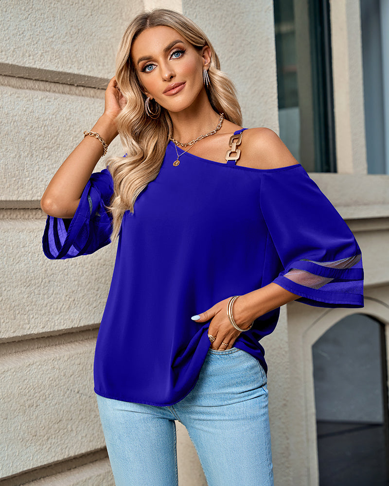 Asymmetrical Neck Buckled Spliced Mesh Blouse