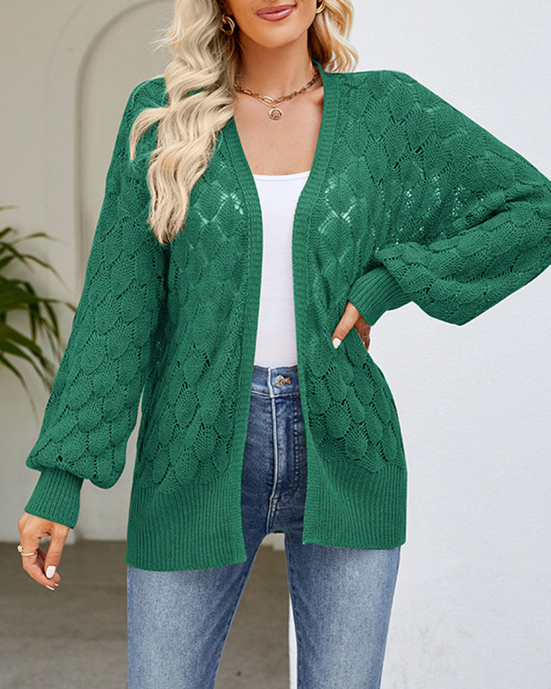 Solid Color Hollowed Out Knitted Cardigan Loose V-Neck Long Sleeved Cardigan Top