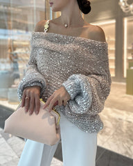 Cozy Sequined Off-shoulder Sweater