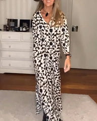 Women Casual Leaves Printed Long Sleeve Maxi Dress