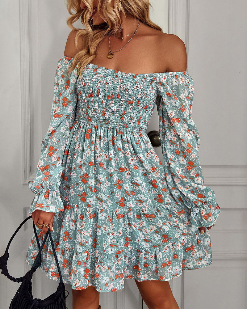 Ribbed Long Sleeve Chiffon Dress Crewneck Elegant Batwing Bohemian Floral Printed Dress