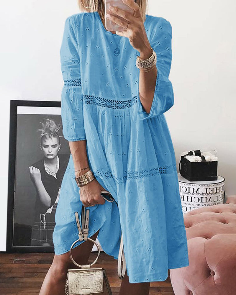 Boho Solid Neck Hollow Out Splice 3/4 Sleeve Midi Dresses