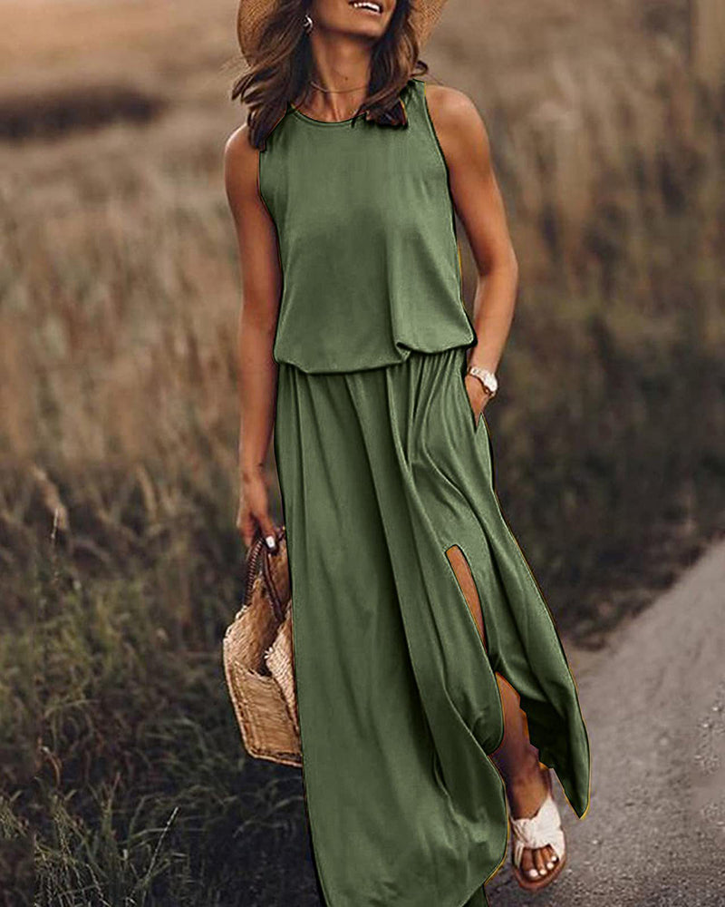 Crewneck Sleeveless Split Maxi Dress Casual Loose Sundress Long Flowy Beach Dress with Pockets