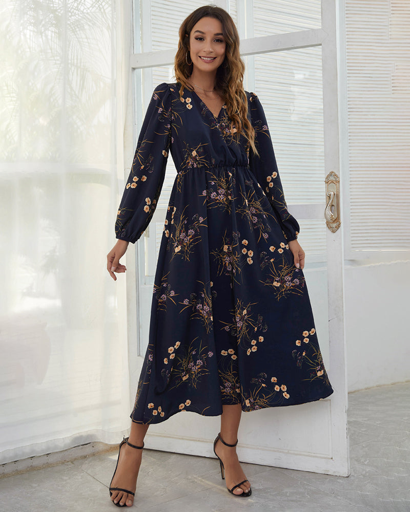 V Neck Long Sleeve Floral Print Maxi Dress