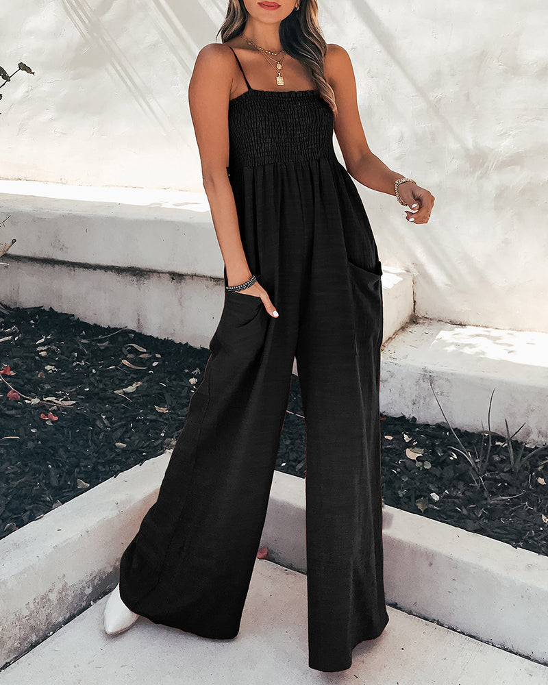 Wide Leg Jumpsuit Pocket Spaghetti Straps Plain Loose Jumpsuit