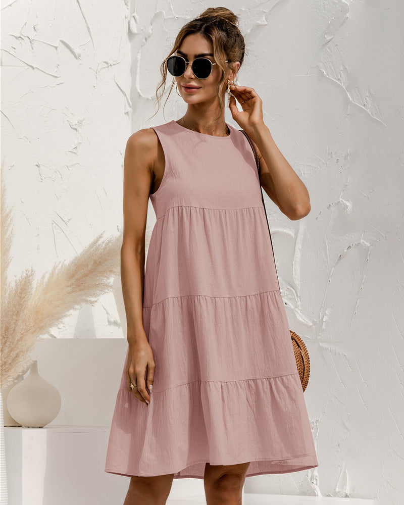 Solid Sleeveless Ruffle Sundress Round Neck A Line Pleated Mini Short T Shirt Dress