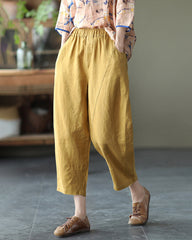 Loose Stitching Solid Color Elastic Waist Cropped Harem Pants