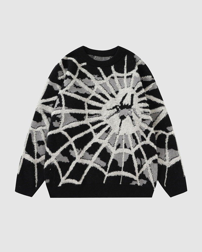 Oversized Spider Printed Knit Sweaters Casual Loose Round Neck Unisex Sweater