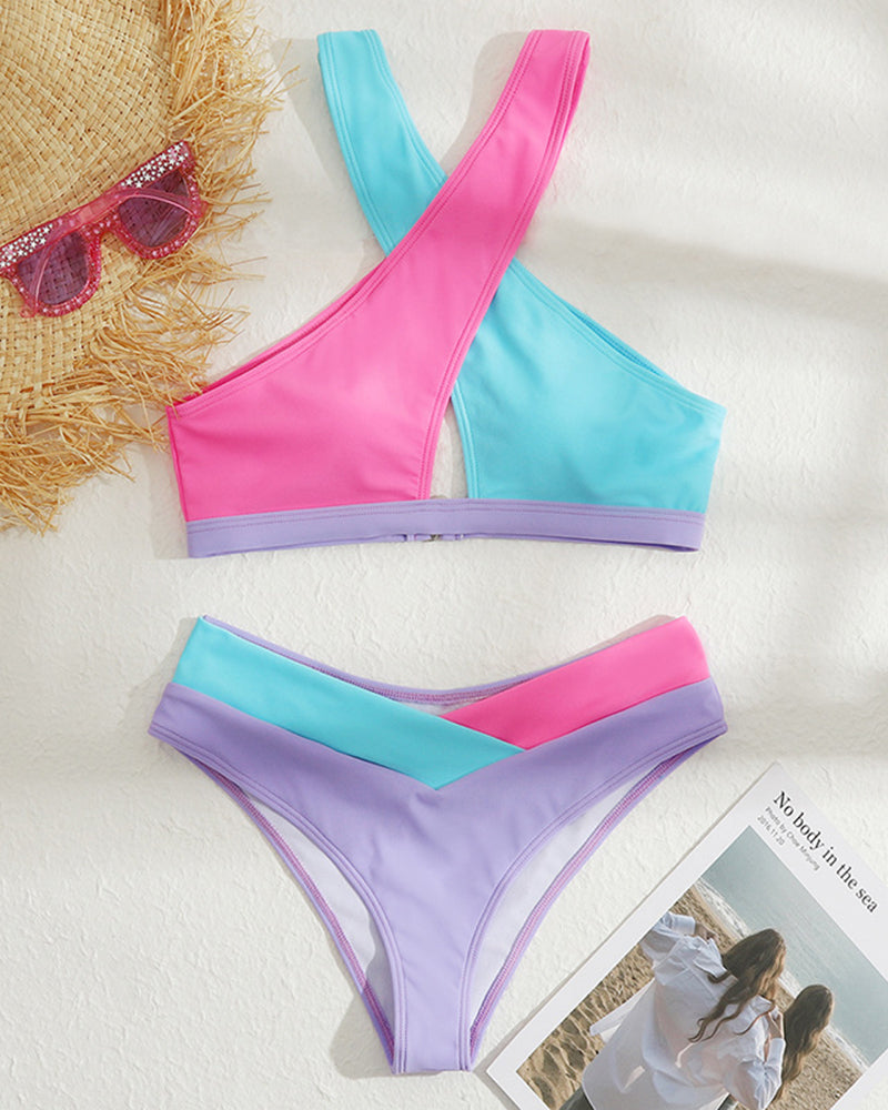 Halter Neck 2 Piece Swimsuit Front Cross Color Matching Bikini Beachwear