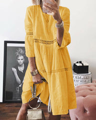 Boho Solid Neck Hollow Out Splice 3/4 Sleeve Midi Dresses