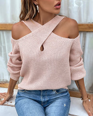 Crisscross Cold-Shoulder Rib-Knit Sweater