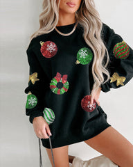 Black Sequined Christmas Graphic Pullover Sweatshirt