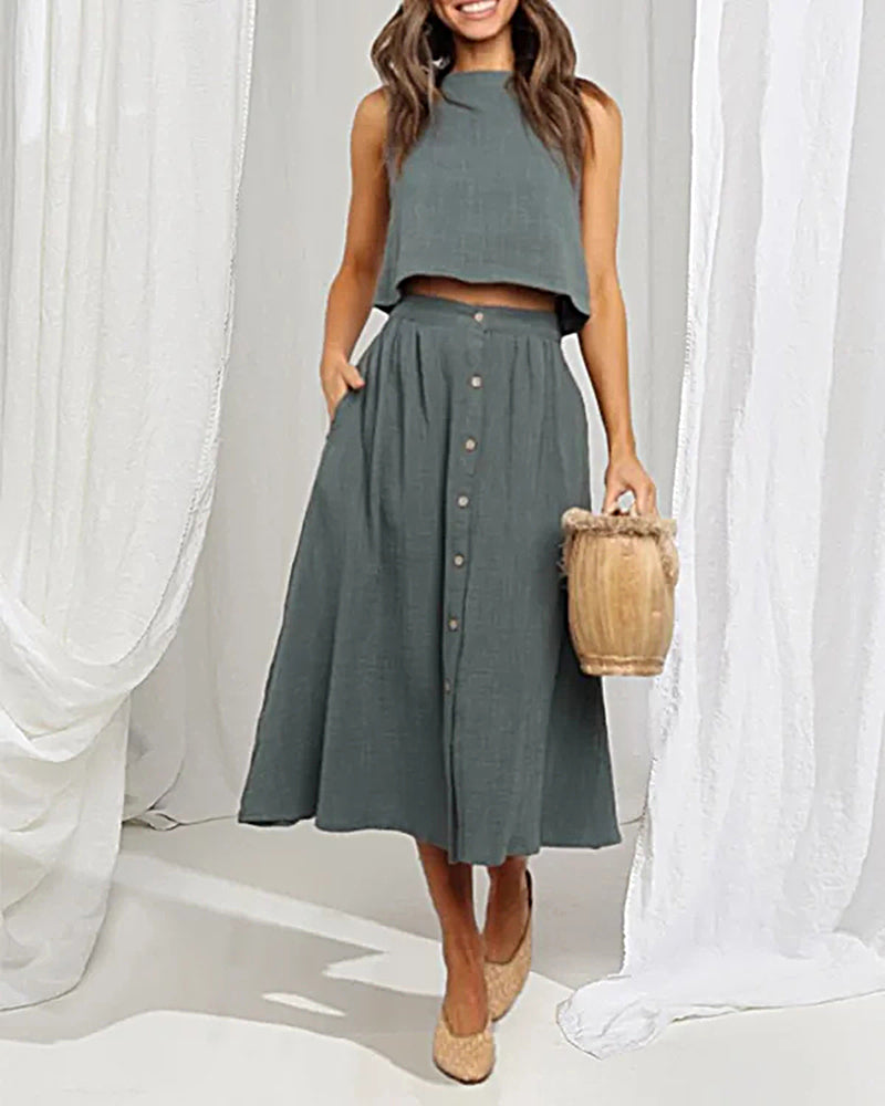 Crew Neck Side Pockets Single Breasted Casual Outfit Solid Color Sleeveless Short Vest Midi Skirt Set