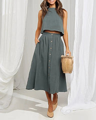 Crew Neck Side Pockets Single Breasted Casual Outfit Solid Color Sleeveless Short Vest Midi Skirt Set