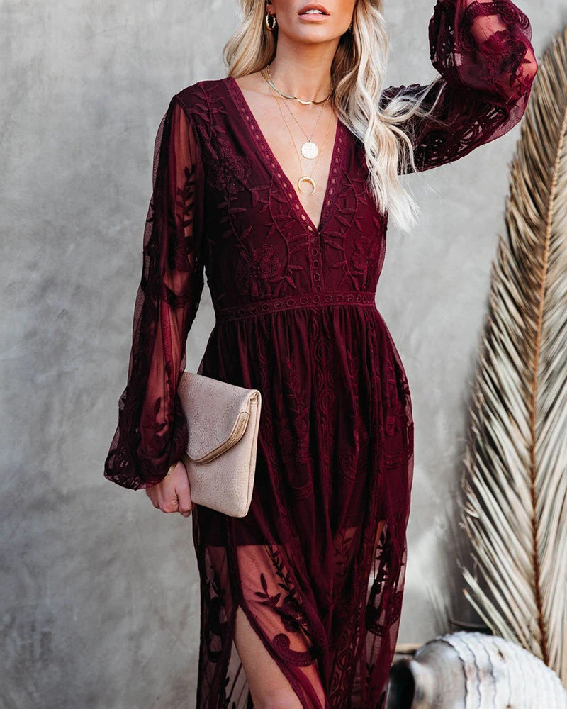 Floral Embroidery Lace Long Dress Deep V Neck Long Sleeve See Through Slit Elegant Holiday Dress