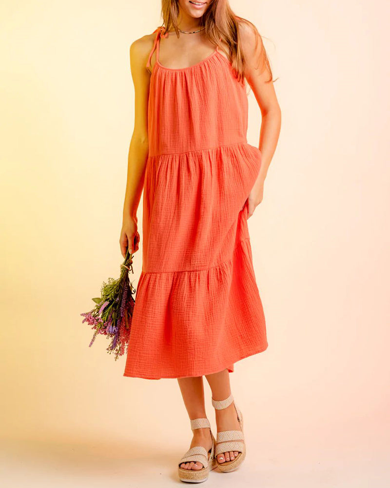 Lace-up Sling Dress Candy Color Stitching Solid Color Midi Dress