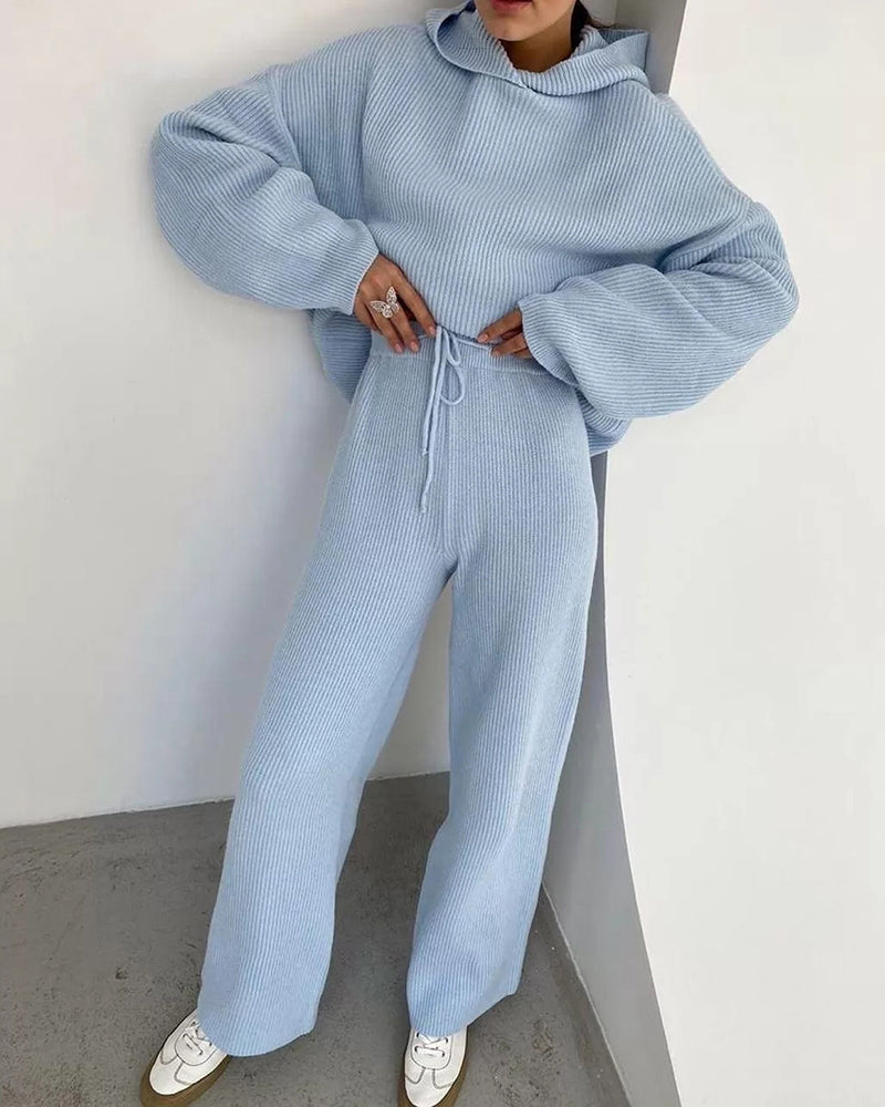 Casual Street Loose Two-piece Sweatsuit Hooded Knitted Loose Top + Wide-leg Pants